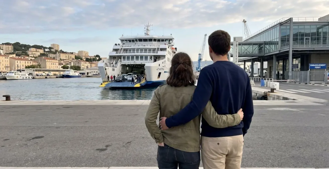 Un couple vu de dos observe un grand ferry amarré dans un port méditerranéen moderne sous une lumière matinale dorée