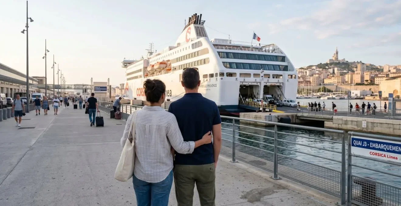 Un couple vu de dos observe un grand ferry amarré dans un port méditerranéen moderne sous une lumière matinale dorée