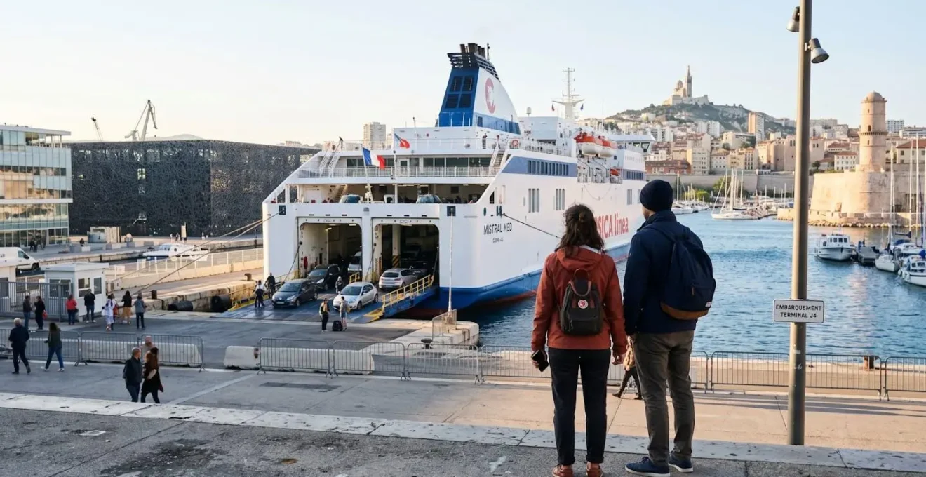 Un couple vu de dos observe un grand ferry amarré dans un port méditerranéen moderne sous une lumière matinale dorée