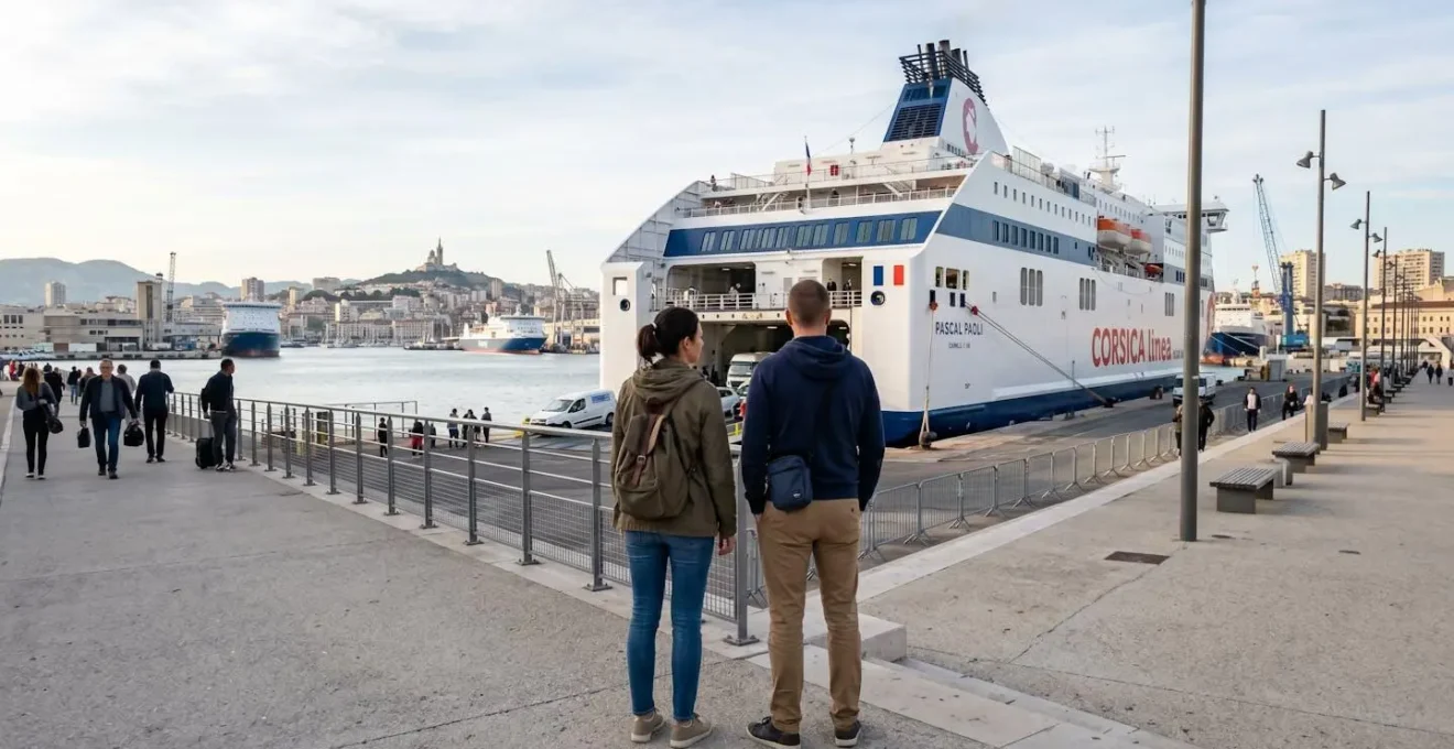 Un couple vu de dos observe un grand ferry amarré dans un port méditerranéen moderne sous une lumière matinale dorée