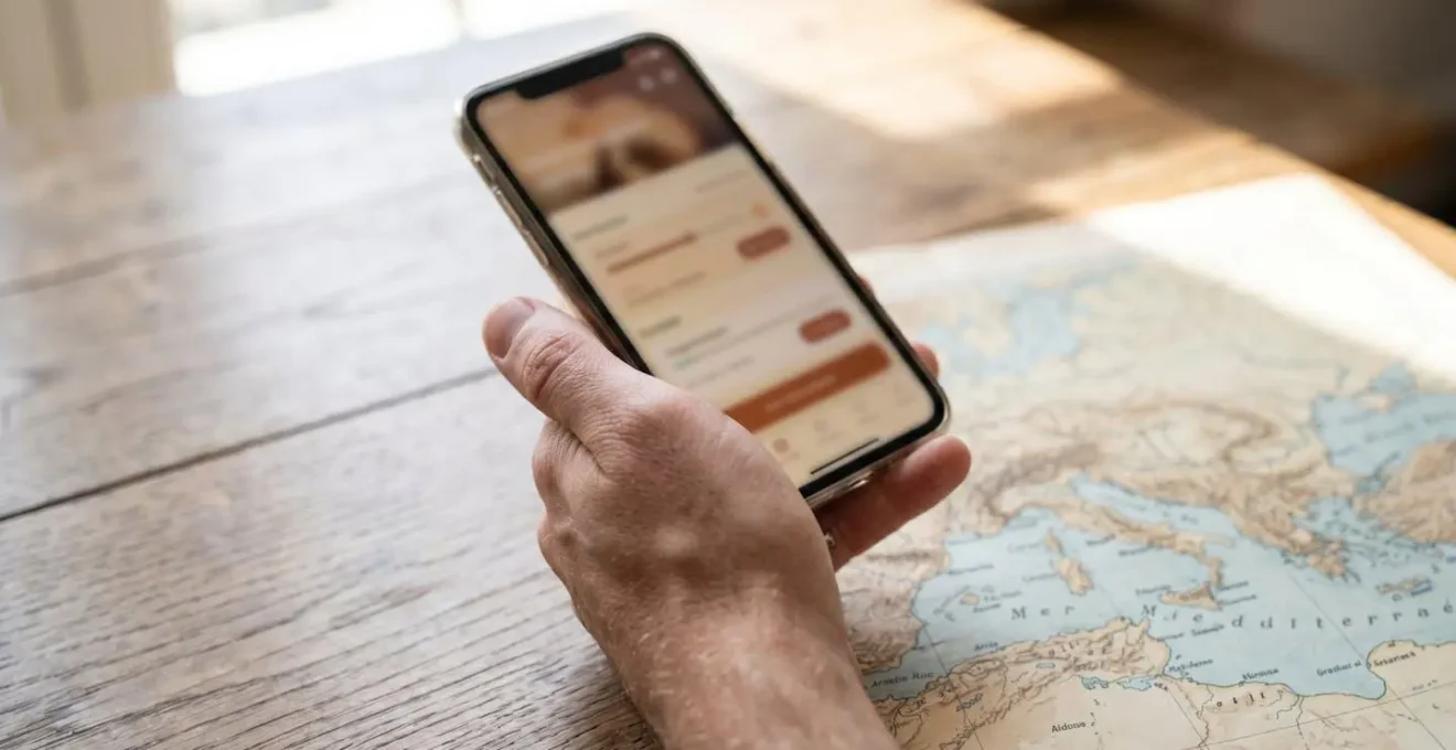 Gros plan d'une main tenant un smartphone moderne avec écran totalement flouté montrant une interface de réservation, posé sur une table en bois avec carte de la Méditerranée visible en arrière-plan flou