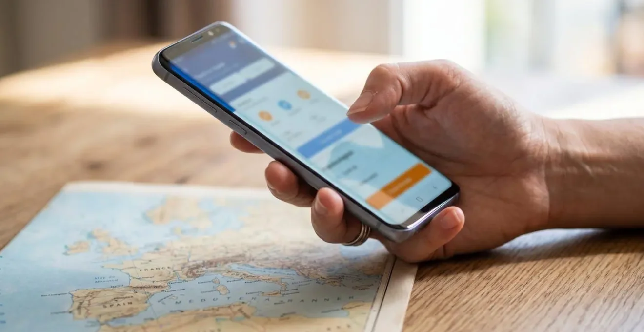 Gros plan d'une main tenant un smartphone moderne avec écran totalement flouté montrant une interface de réservation, posé sur une table en bois avec carte de la Méditerranée visible en arrière-plan flou