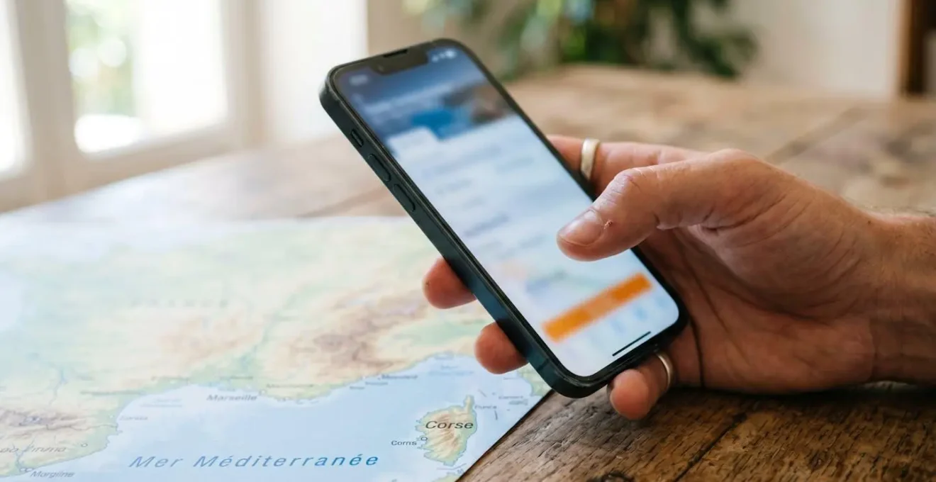 Gros plan d'une main tenant un smartphone moderne avec écran totalement flouté montrant une interface de réservation, posé sur une table en bois avec carte de la Méditerranée visible en arrière-plan flou