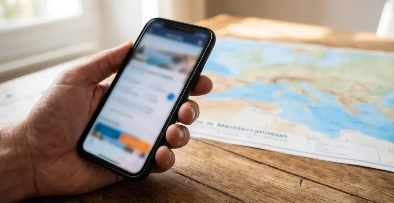 Gros plan d'une main tenant un smartphone moderne avec écran totalement flouté montrant une interface de réservation, posé sur une table en bois avec carte de la Méditerranée visible en arrière-plan flou