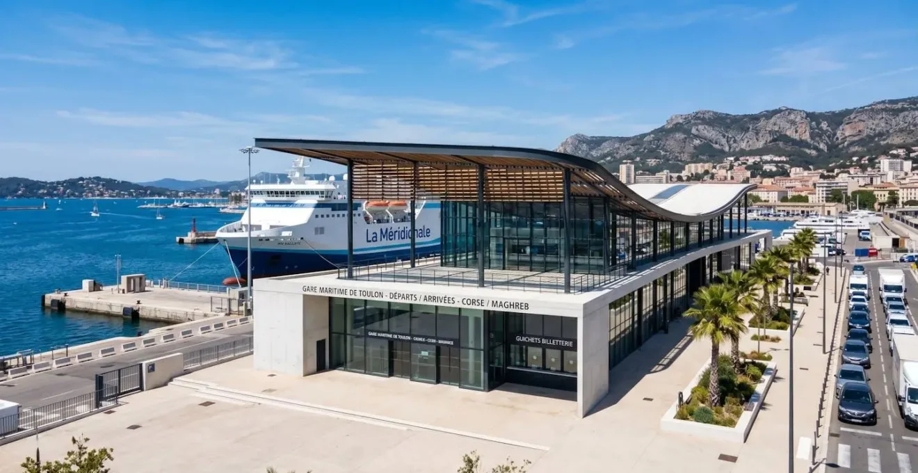 Vue large d'un terminal ferry moderne dans un port méditerranéen avec architecture portuaire contemporaine et ciel bleu lumineux
