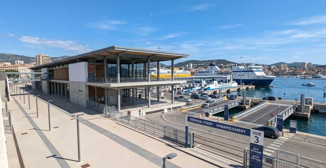 Vue large d'un terminal ferry moderne dans un port méditerranéen avec architecture portuaire contemporaine et ciel bleu lumineux