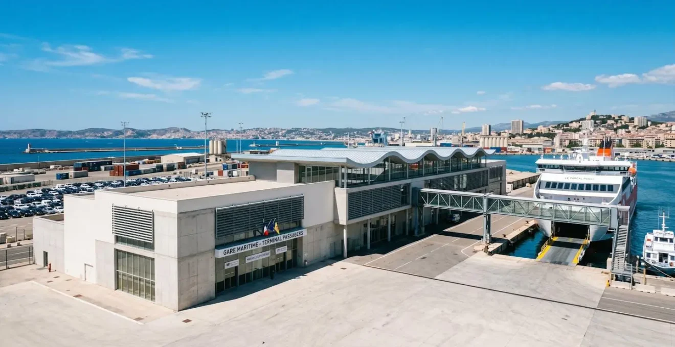 Vue large d'un terminal ferry moderne dans un port méditerranéen avec architecture portuaire contemporaine et ciel bleu lumineux