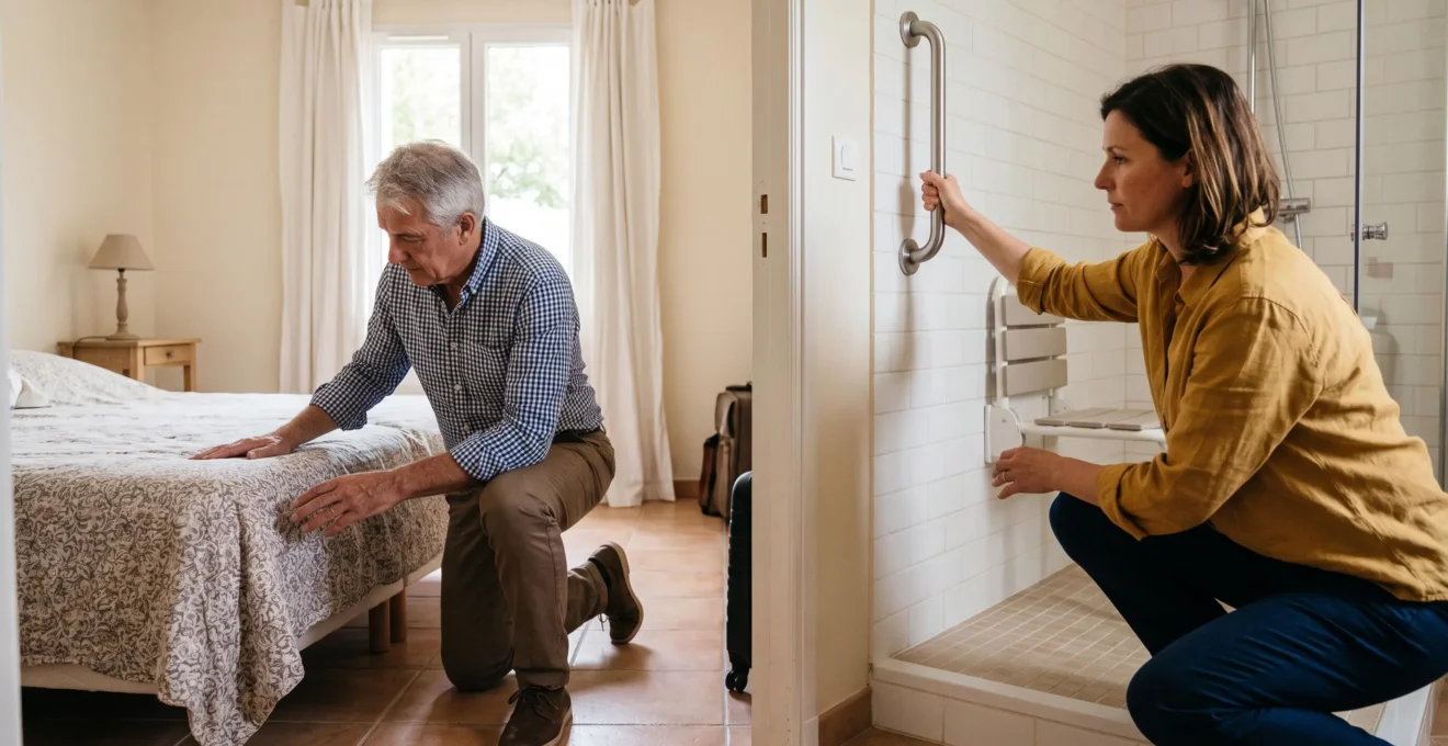 Une femme teste la barre d'appui d'une douche de plain-pied pendant que son compagnon inspecte la chambre attenante d'une villa.