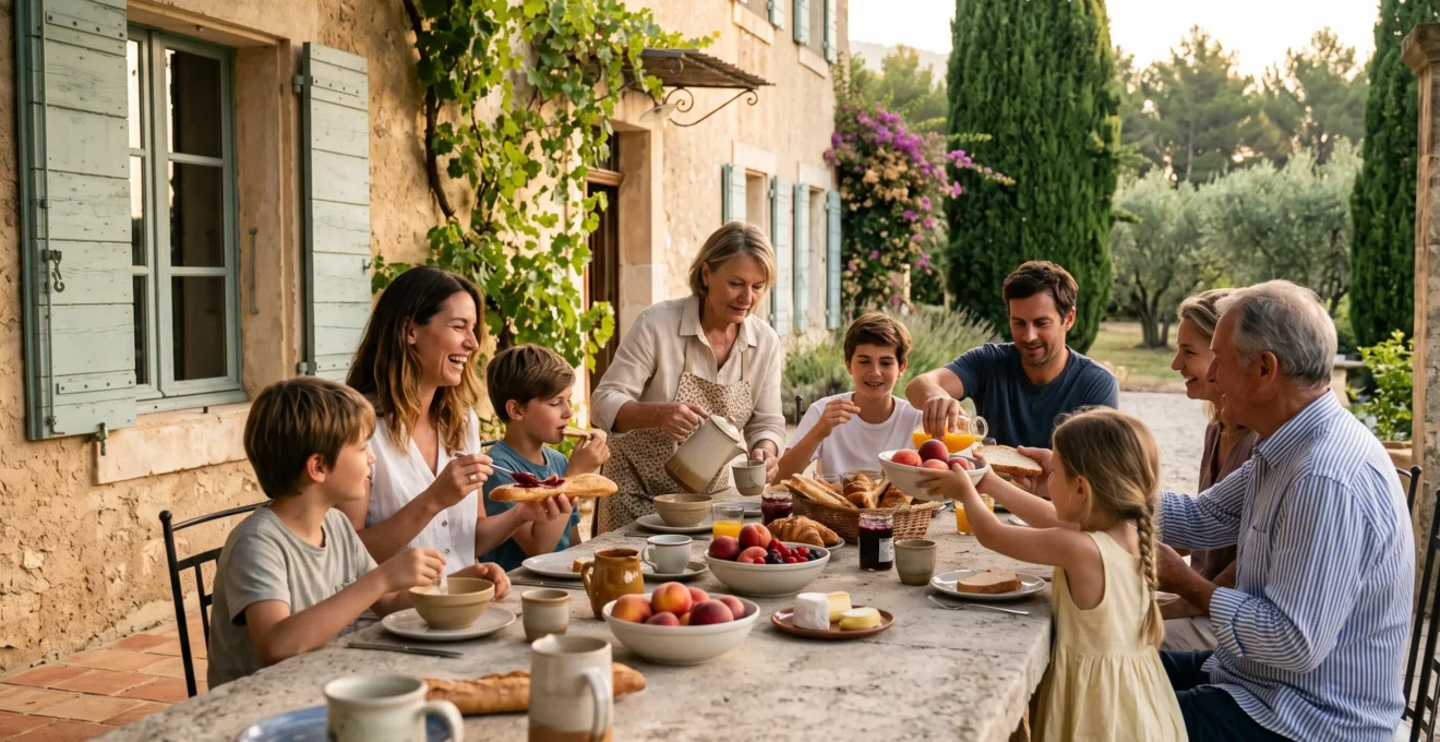 Famille multigénérationnelle partageant le petit-déjeuner autour d'une grande table en pierre sur la terrasse d'une villa provençale.