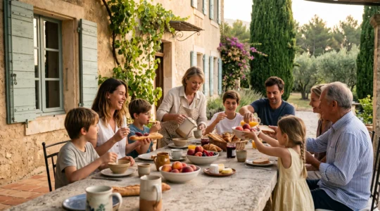 Famille multigénérationnelle partageant le petit-déjeuner autour d'une grande table en pierre sur la terrasse d'une villa provençale.