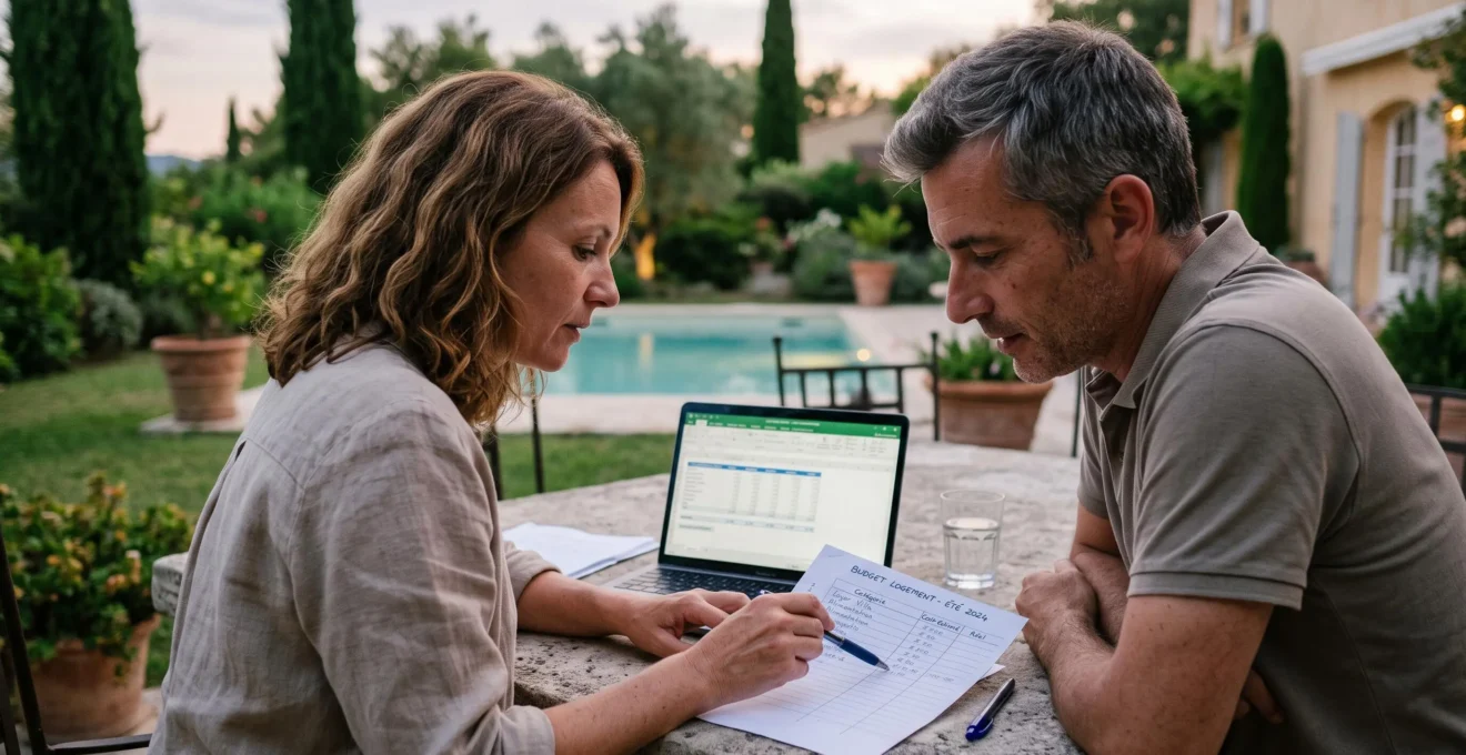 Deux adultes répartissant le budget d'une location de villa autour d'une table, avec un ordinateur portable et des notes manuscrites.