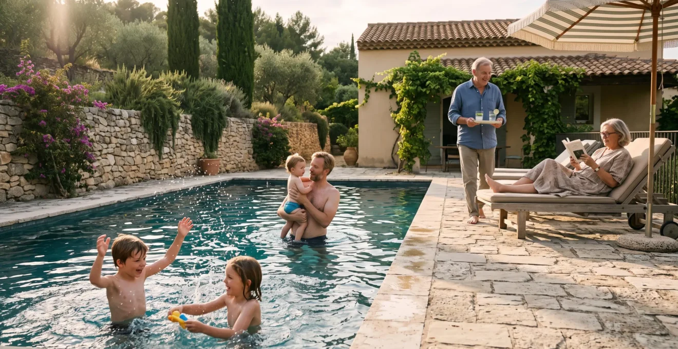 Enfants, parents et grands-parents profitant chacun à leur rythme de la piscine et de la terrasse d'une villa en fin de journée.