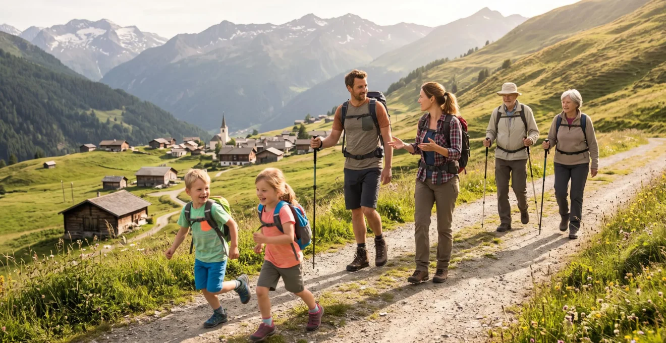 Une famille de trois générations marchant ensemble sur un sentier alpin au-dessus d'un village.