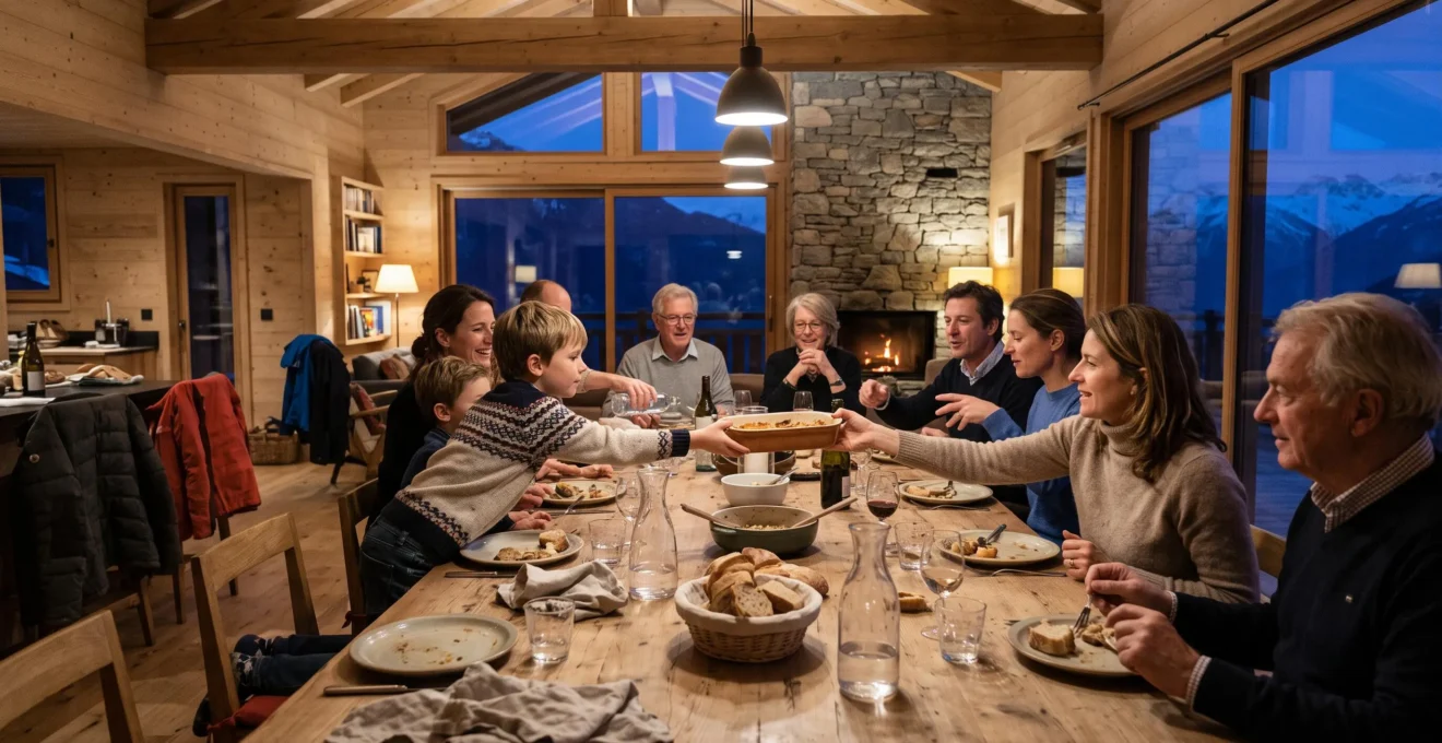 Plusieurs générations d'une famille dînent ensemble autour d'une grande table en bois.