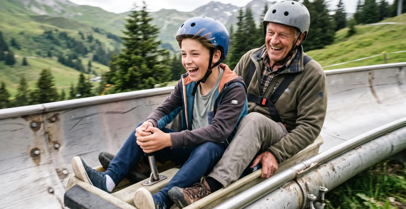 Un adolescent et son grand-père descendent une piste de luge d'été en casque.