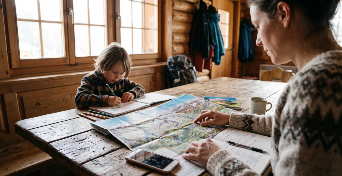 Une mère planifie les activités familiales avec une carte de randonnée sur une table.